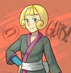  blonde_hair blue_eyes frontier_brain hand_on_hip highres japanese_clothes kimono kogomi_(pokemon) magical_ondine pokemon pokemon_(game) pokemon_rse sash short_hair smile solo 