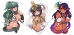  3girls armor bare_shoulders black_hair blue_eyes breasts cleavage echidna elf green_eyes green_hair long_hair lunaluna_(queen's_blade) menace midriff multiple_girls navel orange_eyes pointy_ears ponytail queen&#039;s_blade queen&#039;s_blade_rebellion queen's_blade queen's_blade_rebellion rocb runaruna smile snake striped underboob 