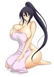  1girl amano_mokuzu barefoot black_eyes black_hair breasts covering curvy feet female huge_breasts kneeling long_hair nakatsukasa_tsubaki nude ponytail simple_background solo soul_eater towel umino_mokuzu_(a4_size) white_background 