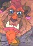  beast beast_(disney) blue_eyes brown_fur clothing disney drawn english_text fangs fur looking_at_viewer male marker_(art) mixed_media pen_(art) text traditional_media 