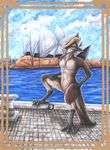  avian bird brown_feathers building female harbour hat kirsch lizanne lyrebird nude pose sea solo standing superb_lyrebird sydney water 