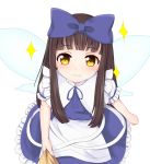  :3 apron blue_dress bow brown_eyes brown_hair commentary_request dress fairy fairy_wings from_above hair_bow long_hair looking_up p.w. pov ribbon shirt_tug smile solo sparkle star_sapphire touhou waist_apron wings 