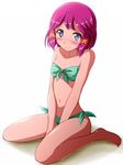  barefoot bikini blue_eyes breasts highres kayama_kenji navel pink_hair pokemon pokemon_(anime) short_hair shoubu_(pokemon) sitting small_breasts solo swimsuit wariza 