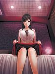  bed black_eyes black_hair blush breasts from_below holding hotel_room lamp large_breasts long_hair looking_at_viewer love_hotel nail_polish original shikishiro_konomi sitting skirt skirt_lift solo 