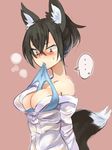  1girl alternate_hairstyle animal_ears between_breasts black_hair blue_panties blush breasts cleavage clothes_between_breasts collarbone dress_shirt fox_ears fox_tail ganesagi hair_between_eyes hair_up large_breasts mouth_hold nanashi_(ganesagi) off_shoulder open_clothes open_shirt original panties panties_on_breasts ponytail shirt short_hair sketch solo speech_bubble spoken_ellipsis sweatdrop tail underwear yellow_eyes 