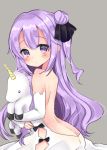  1girl ass azur_lane backless_dress backless_outfit bangs bare_shoulders black_bow black_ribbon blush bow butt_crack closed_mouth commentary_request detached_sleeves dress eyebrows_visible_through_hair grey_background hair_between_eyes hair_bun hair_ribbon hamikoron long_hair looking_at_viewer looking_to_the_side object_hug one_side_up purple_eyes purple_hair ribbon side_bun sidelocks simple_background solo stuffed_animal stuffed_toy stuffed_unicorn unicorn_(azur_lane) very_long_hair white_dress white_sleeves 