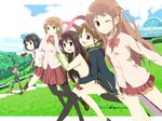  achiga_school_uniform akado_harue atarashi_ako bare_legs blue_eyes bottomless brown_hair cardigan green_eyes jacket long_hair long_sleeves matsumi_kuro matsumi_yuu multiple_girls naked_track_jacket necktie no_panties no_pants one_eye_closed pantyhose ponytail red_hair ribbon running sagimori_arata saki saki_achiga-hen scarf short_hair smile takakamo_shizuno thighhighs track_jacket 