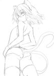  :3 animal_ears ass back bare_shoulders cat_ears cat_tail chen from_behind greyscale kuronuko_neero looking_at_viewer looking_back monochrome multiple_tails short_hair simple_background smile solo tail touhou white_background 