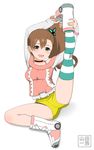  :d arms_up bare_shoulders blush brown_hair butterfly_hair_ornament choker chousoku_henkei_gyrozetter fukurokouji full_body green_eyes hair_ornament inaba_rinne leg_up long_hair looking_at_viewer open_mouth ribbon_choker roller_shoes shoes shorts side_ponytail single_thighhigh sitting smile solo stretch striped striped_legwear thighhighs 