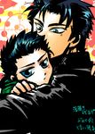  2boys batman_(series) black_hair blue_eyes brother brothers carry carrying damian_wayne dc_comics family hug jason_todd male male_focus multiple_boys red_hood red_hood_(dc) siblings surprised target translation_request 