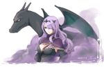  1girl alternate_color armor black_armor breasts camilla_(fire_emblem_if) charizard cleavage creatures_(company) fire_emblem fire_emblem_if game_freak gen_1_pokemon hair_over_one_eye lips long_hair nintendo pokemon pokemon_(creature) pokemon_(game) purple_eyes purple_hair robaco simple_background smile solo tiara very_long_hair wavy_hair wings 