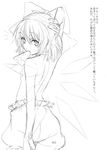  arm_behind_head back bad_id bad_pixiv_id bloomers cirno food from_behind greyscale kuronuko_neero looking_at_viewer looking_back monochrome mouth_hold popsicle short_hair simple_background solo topless touhou translation_request underwear underwear_only watermelon_bar white_background 