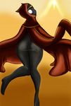  ass black_skin bottomless cape circlet from_behind glowing glowing_eyes highres hood journey maniacpaint mountain no_arms no_panties no_pupils personification solo traveler 