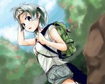  backpack bag blue_eyes blue_hair hair_bobbles hair_ornament kawashiro_nitori key madara_hato shirt short_hair short_twintails shorts solo sweat touhou twintails two_side_up 