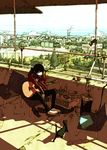  balcony barefoot black_cat black_hair bottle building cable camera cat chair chimney cityscape day drawer guitar instrument kawano original scarf scenery shoes_removed sitting sky solo tire 