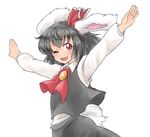  animal_ears bad_id bad_pixiv_id black_hair bow bunny_ears bunny_tail cosplay hair_bow hair_ribbon inaba_tewi long_sleeves mana_(tsurubeji) one_eye_closed outstretched_arms red_eyes ribbon rumia rumia_(cosplay) short_hair skirt solo tail touhou 