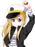  arm_up bangs black_eyes blonde_hair blush_stickers flat_chest food fruit hair_between_eyes hand_on_hip hat holding jacket k-on! kotobuki_tsumugi listen!! long_hair looking_at_viewer open_clothes open_jacket peaked_cap ruu_(tksymkw) shirt sidelocks simple_background smile solo strawberry striped striped_shirt upper_body white_background 