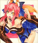  animal_ears bare_shoulders bow breasts cleavage detached_sleeves fate/extra fate_(series) fox_ears fox_tail hair_bow hair_ribbon japanese_clothes large_breasts marker_(medium) pink_hair ribbon shikishi solo tail tamamo_(fate)_(all) tamamo_no_mae_(fate) thighhighs torimaru traditional_media twintails yellow_eyes 