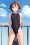  ass_visible_through_thighs black_swimsuit brown_eyes brown_hair competition_swimsuit cowboy_shot day highleg highleg_swimsuit miyafuji_yoshika one-piece_swimsuit short_hair solo strike_witches swimsuit tkln undressing world_witches_series 