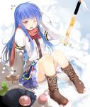  blue_hair blush boots efe flying_sweatdrops food fruit gloves hat hat_removed headwear_removed hinanawi_tenshi long_hair md5_mismatch one_eye_closed peach red_eyes scarf skirt snow solo sword_of_hisou touhou 