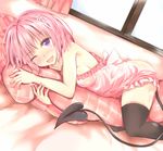  ;d apron black_legwear blush breasts demon_tail long_hair looking_at_viewer lying medium_breasts miyako_tart momo_velia_deviluke naked_apron on_side one_eye_closed open_mouth pink_hair purple_eyes short_hair smile solo tail thighhighs to_love-ru to_love-ru_darkness window 