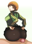  1girl ass atlus bike_shorts brown_eyes brown_hair buttjob censored fan_art fanart female gorgeous highres huge_ass juudai looking_at_viewer pazma penis persona persona_4 pixiv_manga_sample resized satonaka_chie skirt skirt_lift track_jacket 