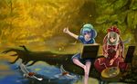  art_brush bad_id bad_pixiv_id barefoot bird bird_request blue_eyes blue_hair bow front_ponytail green_eyes green_hair hair_bow hair_ribbon hat kagiyama_hina kawashiro_nitori log magician_(china) multiple_girls one_eye_closed paintbrush palette ribbon signature sitting touhou wallpaper water 