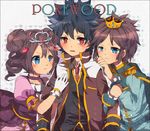  2boys alternate_costume bad_id bad_pixiv_id black_hair blue_eyes blush brown_hair coat copyright_name crown double_bun dress gloves height_difference hue_(pokemon) kyouhei_(pokemon) long_hair mari03mo mei_(pokemon) multiple_boys necktie pink_dress pokemon pokemon_(game) pokemon_bw2 pokewood pout red_eyes royal short_hair shoulder_pads spiked_hair tiara twintails white_gloves 