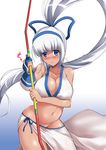  blue_eyes blush bow_(weapon) breasts c.r. cleavage covered_nipples embarrassed gloves hairband large_breasts long_hair majikina_mina no_panties ponytail samurai_spirits shiny shiny_skin snk solo very_long_hair weapon white_hair 