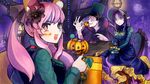  2girls :3 animal_ears black_hair bonnet caster caster_(fate/zero) cup dress fang fate/extra fate/stay_night fate/zero fate_(series) flower fox_ears fox_tail furon_(froon) hair_flower hair_ornament halloween hat highres multiple_girls pink_hair pointy_ears purple_eyes purple_hair tail tamamo_(fate)_(all) tamamo_no_mae_(fate) teacup top_hat twintails yellow_eyes 