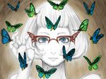  adjusting_eyewear blue_eyes bob_cut bug face glasses insect lips maki_(huran) moth original over-rim_eyewear semi-rimless_eyewear short_hair solo spot_color 