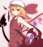  adapted_costume bare_shoulders blonde_hair collarbone crystal dress flandre_scarlet hat johnny_funamushi looking_at_viewer mob_cap red_dress red_eyes short_hair sleeveless sleeveless_dress solo stick touhou 