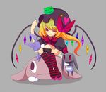  alternate_costume banned_artist blonde_hair collar flandre_scarlet grey_background harano hat holding_needle needle red_eyes ribbon sewing simple_background sitting socks solo spiked_collar spikes striped striped_legwear stuffed_animal stuffed_bunny stuffed_toy touhou wings 