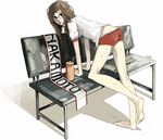  barefoot bench bent_over brown_hair butt_crack copyright_request glasses gym_uniform isuzu_(uzushi) long_legs solo sweat 
