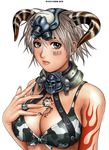  barcode barcode_tattoo blue_eyes breasts cleavage collar front-tie_top horns jewelry large_breasts original ring ryu_(ryu's_former_site) short_hair silver_hair skull solo tattoo 