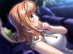  antenna_hair blue_eyes blush breasts casual chin_rest dutch_angle game_cg hair_ornament hairclip large_breasts long_hair movie_theater nagaregawa_kohane orange_hair sano_toshihide shichinin_no_online_gamers sitting solo wavy_hair 