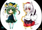  animal_ears bad_id bad_pixiv_id chibi green_eyes green_hair hat inubashiri_momiji multiple_girls red_eyes ribbon rod_of_remorse shiki_eiki short_hair suna_(sunaipu) sword tail tokin_hat touhou weapon white_hair wolf_ears wolf_tail 