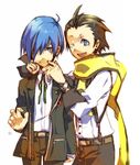  bad_id bad_pixiv_id black_hair blue_eyes blue_hair hair_over_one_eye houhou_(black_lack) male_focus mochizuki_ryouji multiple_boys one_eye_closed persona persona_3 scarf school_uniform smile suspenders yuuki_makoto 