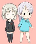  annoyed bad_id bad_pixiv_id chibi closed_eyes eila_ilmatar_juutilainen frown happy hood hoodie long_hair lowres multiple_girls no_pants sanya_v_litvyak shimada_fumikane short_hair smile strike_witches sweat thighhighs white_hair world_witches_series 