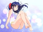  barefoot blue_hair bow brown_eyes crossed_legs feet long_hair non-web_source one-piece_swimsuit ponytail red_bow sakura_taisen shinguuji_sakura sitting solo swimsuit wallpaper 