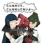  a1 black_hair circlet closed_eyes code_geass glasses green_hair headband hug kallen_stadtfeld long_hair magic_knight_rayearth multiple_girls nina_einstein order_of_the_black_knights_uniform parody red_hair short_hair sumeragi_kaguya tears translated 