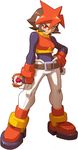  android atlas belt brown_hair buckle full_body highres holding looking_at_viewer makoto_yabe multicolored_hair official_art orange_hair red_eyes red_hair rockman rockman_zx rockman_zx_advent short_hair simple_background solo standing white_background 