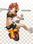  armband belt checkered checkered_background from_behind goggles goggles_on_head green_eyes grin ground_vehicle kkuem midriff motor_vehicle motorcycle original red_hair scarf short_hair shorts smile solo 