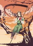  apple barefoot brown_hair elysion feet food fruit green_eyes in_tree long_hair mashimaro overalls scythe sitting solo sound_horizon tree yield 