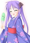  blue_kimono closed_eyes fan floral_print hiiragi_kagami japanese_clothes kimono long_hair lucky_star non-web_source paper_fan print_kimono purple_hair ribbon solo uchiwa yukata 
