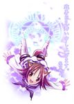  :d binzume_suika brown_eyes brown_hair dress full_body long_sleeves looking_at_viewer magic_circle miyafuji_yoshika open_mouth outstretched_arms smile solo strike_witches white_dress world_witches_series 