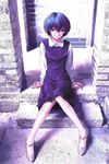  arm_support ayanami_rei blue_hair dress kneehighs kobayashi_yuuji neon_genesis_evangelion purple_eyes short_hair sitting socks solo stairs 