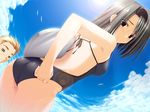  1girl =_= adjusting_clothes adjusting_swimsuit ass black_hair brown_eyes cloud day dutch_angle frisbee game_cg machida_shizuka non-web_source one-piece_swimsuit pot_rondo_for_dears sakaki_maki short_hair sky sweatdrop swimsuit 