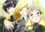  2boys :o black_hair blonde_hair blush brothers buttons code_geass collar hug lelouch_lamperouge memejiro military military_uniform milly_ashford multiple_boys parted_lips purple_eyes rolo_lamperouge siblings uniform upper_body 