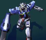  armor blade foreshortening glowing glowing_eyes green_eyes gundam gundam_00 gundam_exia looking_at_viewer mecha no_humans patricia_(stylish_marunage) running shadow shield simple_background 